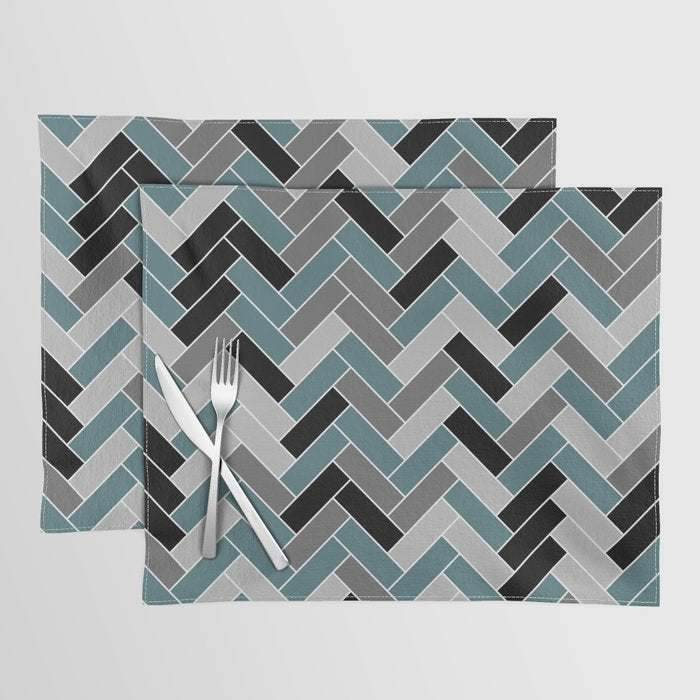 Aqua Black Gray Herringbone Pattern 2023 Color of the Year Vining Ivy PPG1148-6 Placemat Set