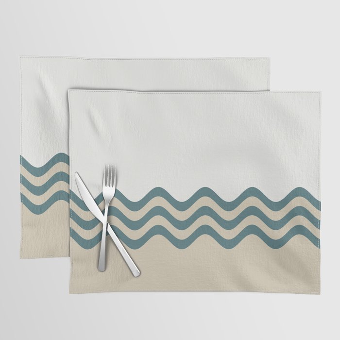 Aqua Cream Beige Wavy Horizontal Stripes 2 Pattern on Solid Color 2023 COTY Vining Ivy PPG1148-6 Placemat Set