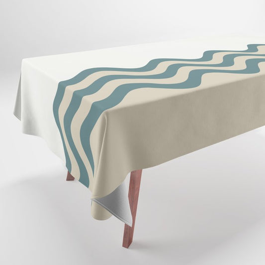 Aqua Cream Beige Wavy Horizontal Stripes 2 Pattern on Solid Color 2023 COTY Vining Ivy PPG1148-6 Tablecloth