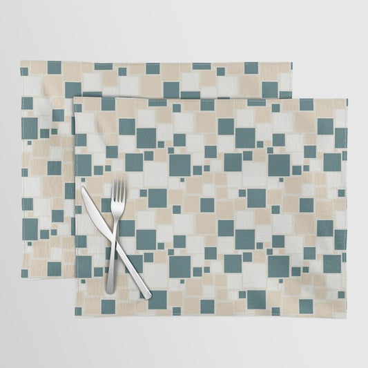 Aqua Off White Cream Beige Funky Retro Mosaic Square Pattern 2023 COTY Vining Ivy PPG1148-6 Accents Placemat Set