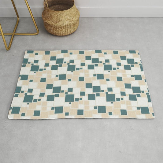 Aqua Off White Cream Beige Funky Retro Mosaic Square Pattern 2023 COTY Vining Ivy PPG1148-6 Accents Throw and Area Rug
