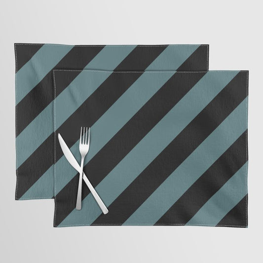 Black Dark Aqua Classic Diagonal Stripe Pattern 2023 Color of the Year Vining Ivy PPG1148-6 Placemat Set