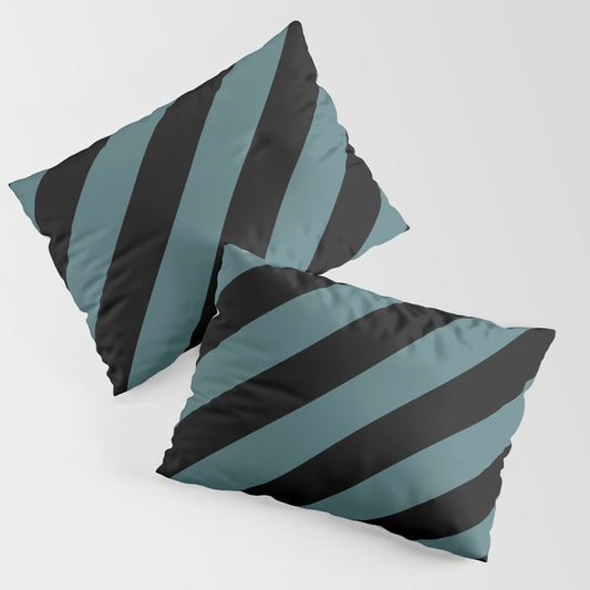 Black Dark Aqua Classic Diagonal Stripe Pattern 2023 Color of the Year Vining Ivy PPG1148-6 Pillow Sham Set
