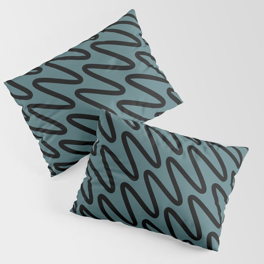 Black Dark Aqua Minimal Diagonal Zig-zag Stripe Pattern 2023 Color of the Year Vining Ivy PPG1148-6 Pillow Sham Set