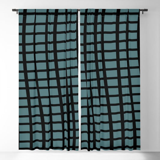 Black Dark Aqua Wavy Grid Pattern Pairs 2023 Color of the Year Vining Ivy PPG1148-6 Blackout Curtain