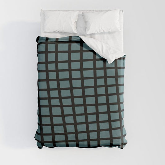 Black Dark Aqua Wavy Grid Pattern Pairs 2023 Color of the Year Vining Ivy PPG1148-6 Duvet Cover