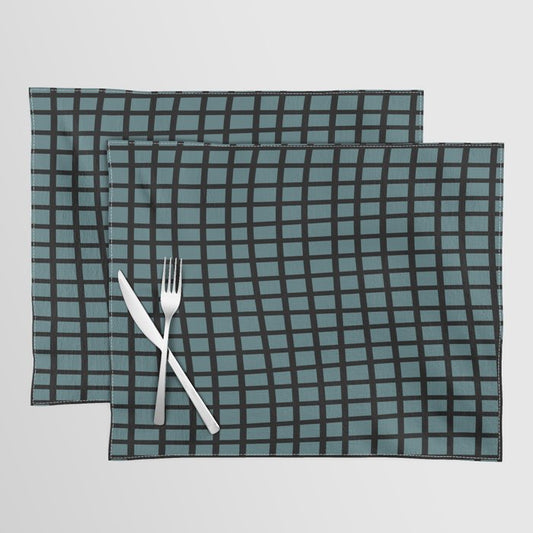 Black Dark Aqua Wavy Grid Pattern Pairs 2023 Color of the Year Vining Ivy PPG1148-6 Placemat Set