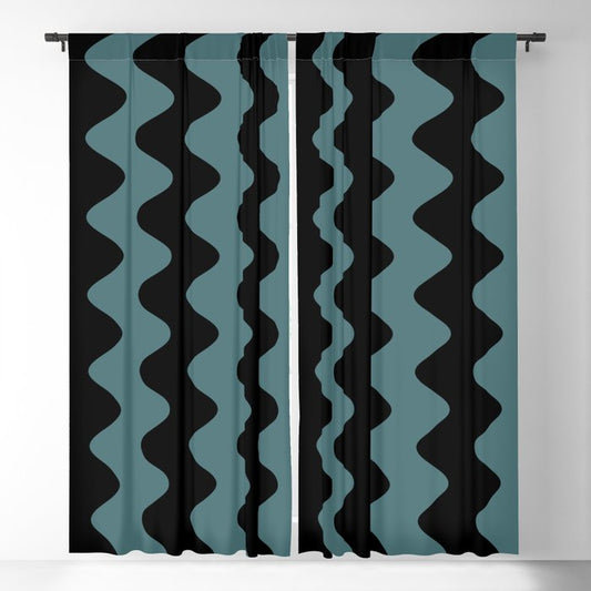 Black Dark Aqua Wavy Vertical Rippled Stripe Pattern 2023 Color of the Year Vining Ivy PPG1148-6 Blackout Curtain