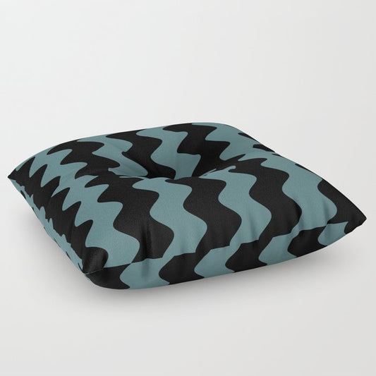 Black Dark Aqua Wavy Vertical Rippled Stripe Pattern 2023 Color of the Year Vining Ivy PPG1148-6 Floor Pillow