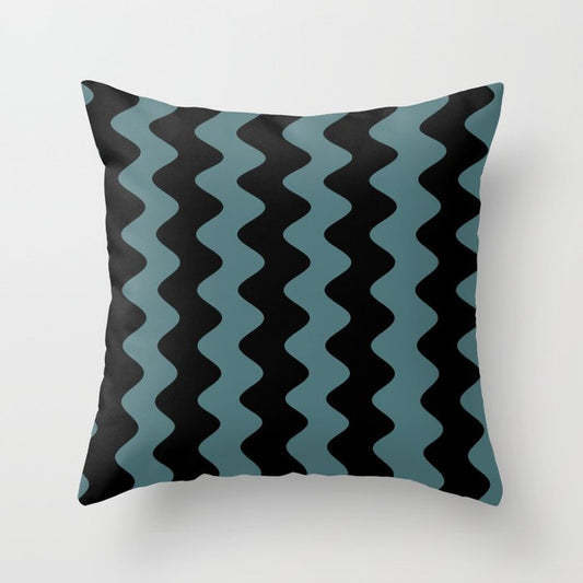 Black Dark Aqua Wavy Vertical Rippled Stripe Pattern 2023 Color of the Year Vining Ivy PPG1148-6 Throw Pillow