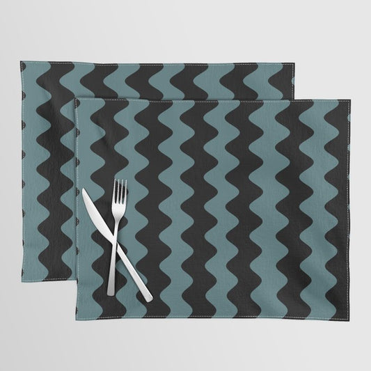 Black Dark Aqua Wavy Vertical Rippled Stripe Pattern 2023 Color of the Year Vining Ivy PPG1148-6 Placemat Set