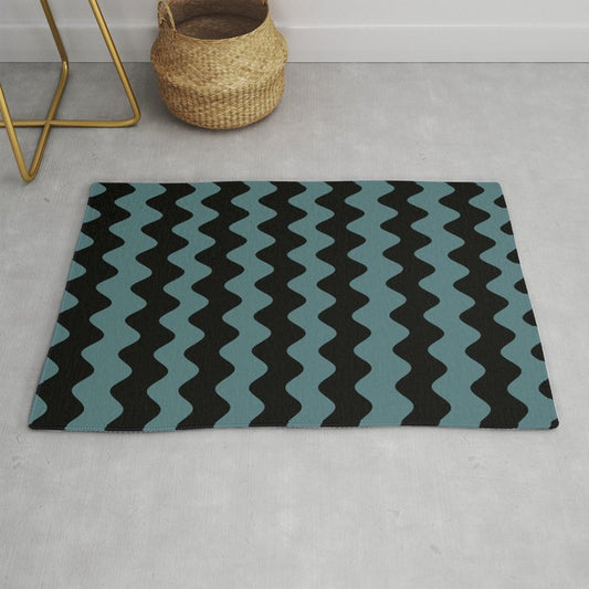 Black Dark Aqua Wavy Vertical Rippled Stripe Pattern 2023 Color of the Year Vining Ivy PPG1148-6 Throw and Area Rug