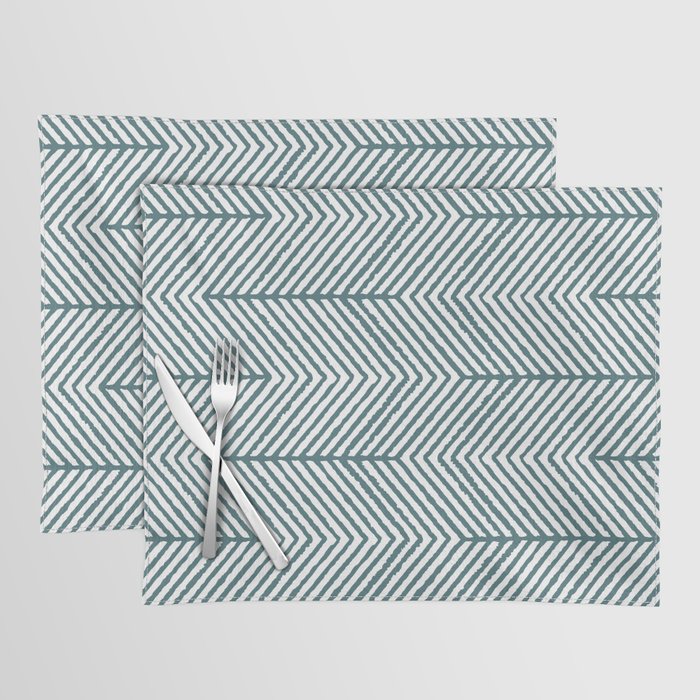 Dark Aqua White Abstract Diagonal Chevron Stripe Pattern 2023 Color of the Year Vining Ivy PPG1148-6 Placemat Set