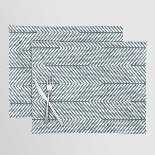 Dark Aqua White Abstract Diagonal Chevron Stripe Pattern 2023 Color of the Year Vining Ivy PPG1148-6 Placemat Set