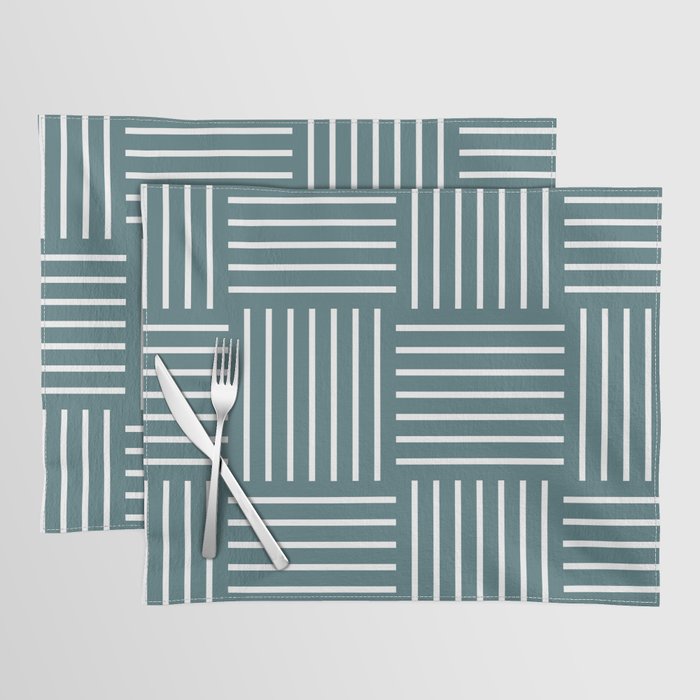 Dark Aqua White Abstract Stripe Geometric Pattern 2023 Color of the Year Vining Ivy PPG1148-6 Placemat Set