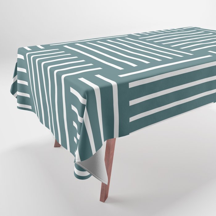 Dark Aqua White Abstract Stripe Geometric Pattern 2023 Color of the Year Vining Ivy PPG1148-6 Tablecloth