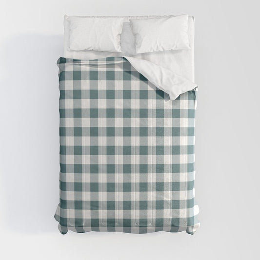 Dark Aqua White Buffalo Plaid Checkerboard Pattern 2023 Color of the Year Vining Ivy PPG1148-6 Comforter