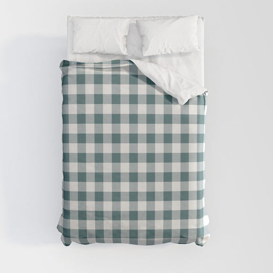 Dark Aqua White Buffalo Plaid Checkerboard Pattern 2023 Color of the Year Vining Ivy PPG1148-6 Duvet Cover