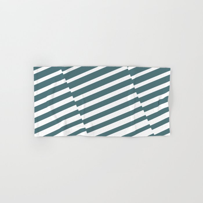 Dark Aqua White Diagonal Offset Stripe Pattern 2023 Color of the Year Vining Ivy PPG1148-6 Bath & Hand Towels