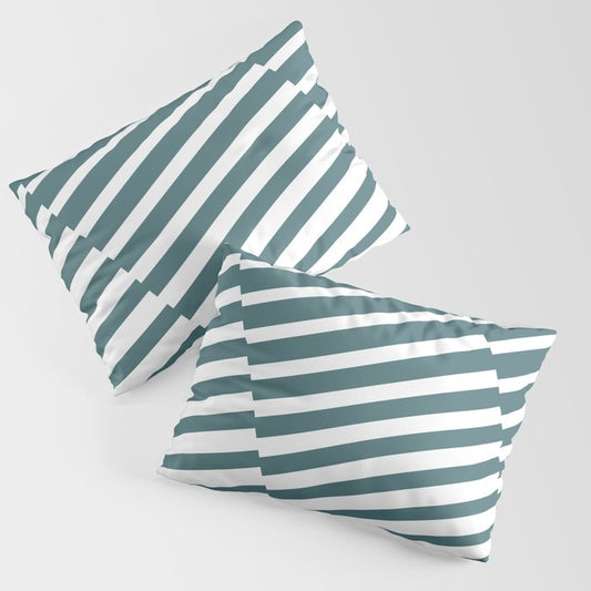 Dark Aqua White Diagonal Offset Stripe Pattern 2023 Color of the Year Vining Ivy PPG1148-6 Pillow Sham Set