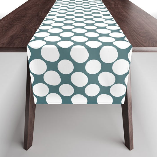 Dark Aqua White Halftone Abstract Polka Dot Pattern 2 2023 Color of the Year Vining Ivy PPG1148-6 Table Runner