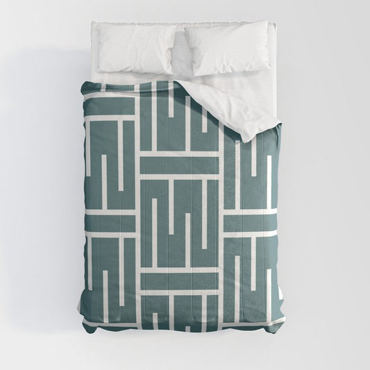 Dark Aqua White Minimal Line Art Pattern 3 2023 Color of the Year Vining Ivy PPG1148-6 Comforter