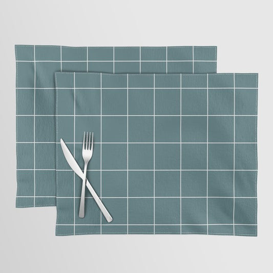 Dark Aqua White Minimal Square Diamond Grid Pattern 2 2023 Color of the Year Vining Ivy PPG1148-6 Placemat Set