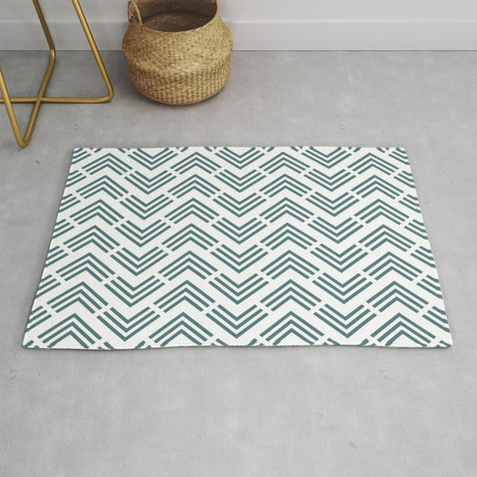 Dark Aqua White Motif Art Deco Chevron Pattern 2023 Color of the Year Vining Ivy PPG1148-6 Throw and Area Rug