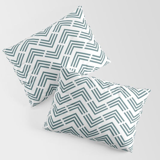 Dark Aqua White Motif Art Deco Chevron Pattern 2023 Color of the Year Vining Ivy PPG1148-6 Pillow Sham Set