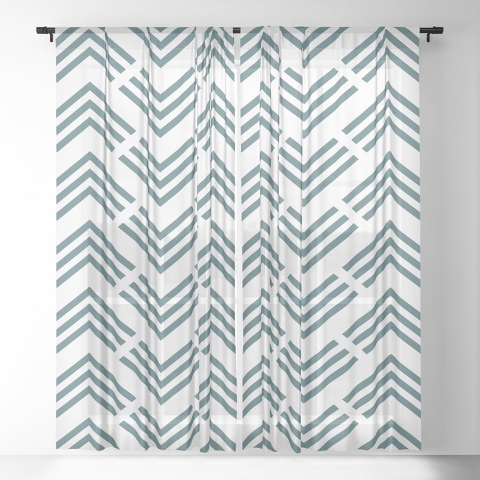 Dark Aqua White Motif Art Deco Chevron Pattern 2023 Color of the Year Vining Ivy PPG1148-6 Sheer Curtains