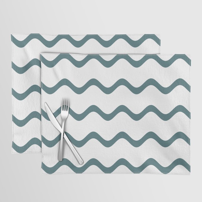 Dark Aqua White Soft Rippled Horizontal Stripe Pattern 2023 Color of the Year Vining Ivy PPG1148-6 Placemat Set