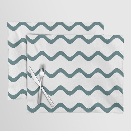 Dark Aqua White Soft Rippled Horizontal Stripe Pattern 2023 Color of the Year Vining Ivy PPG1148-6 Placemat Set