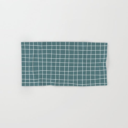 Dark Aqua White Thin Checkerboard Square Grid Pattern 2023 Color of the Year Vining Ivy PPG1148-6 Bath & Hand Towels