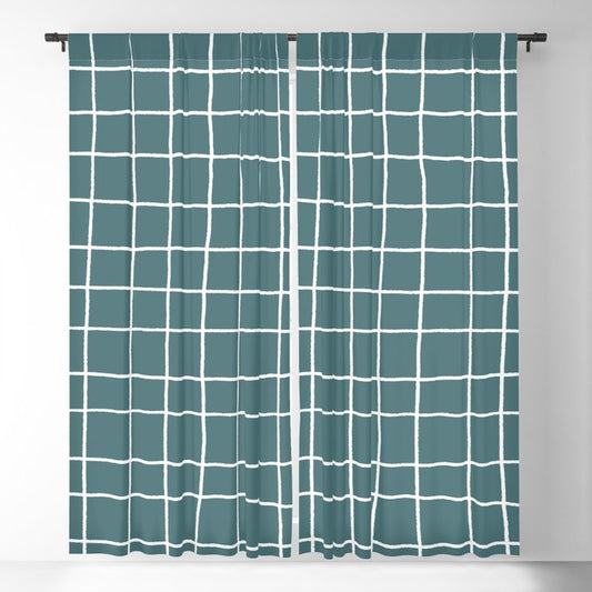 Dark Aqua White Thin Checkerboard Square Grid Pattern 2023 Color of the Year Vining Ivy PPG1148-6 Blackout Curtain
