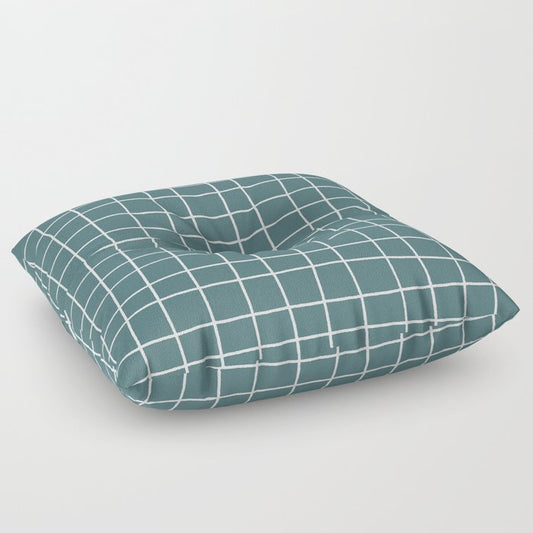 Dark Aqua White Thin Checkerboard Square Grid Pattern 2023 Color of the Year Vining Ivy PPG1148-6 Floor Pillow