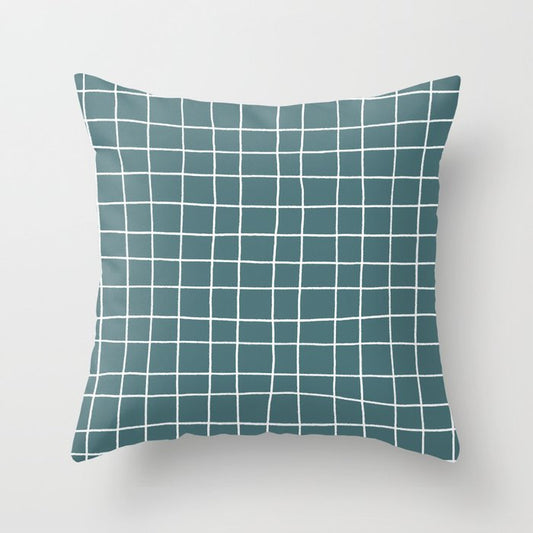 Dark Aqua White Thin Checkerboard Square Grid Pattern 2023 Color of the Year Vining Ivy PPG1148-6 Throw Pillow