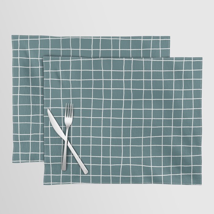 Dark Aqua White Thin Checkerboard Square Grid Pattern 2023 Color of the Year Vining Ivy PPG1148-6 Placemat Set