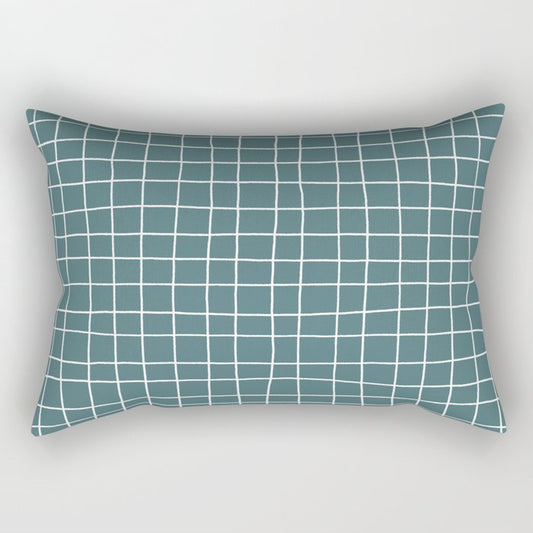 Dark Aqua White Thin Checkerboard Square Grid Pattern 2023 Color of the Year Vining Ivy PPG1148-6 Rectangle Pillow