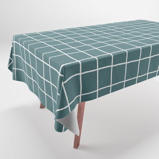 Dark Aqua White Thin Checkerboard Square Grid Pattern 2023 Color of the Year Vining Ivy PPG1148-6 Tablecloth