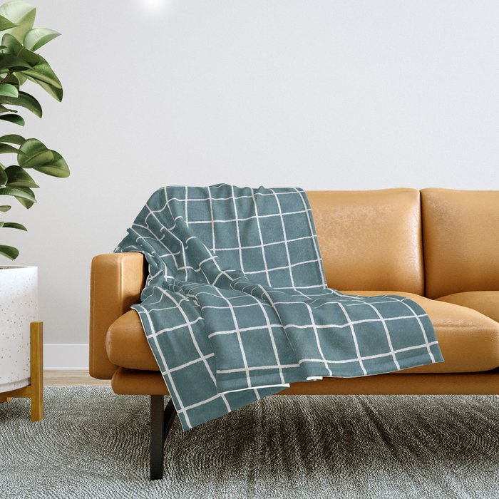 Dark Aqua White Thin Checkerboard Square Grid Pattern 2023 Color of the Year Vining Ivy PPG1148-6 Throw Blanket