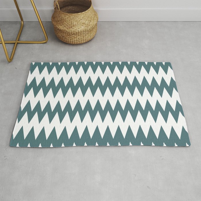 Dark Aqua White Zigzag Horizontal Line Stripe Pattern 2023 Color of the Year Vining Ivy PPG1148-6 Throw and Area Rug