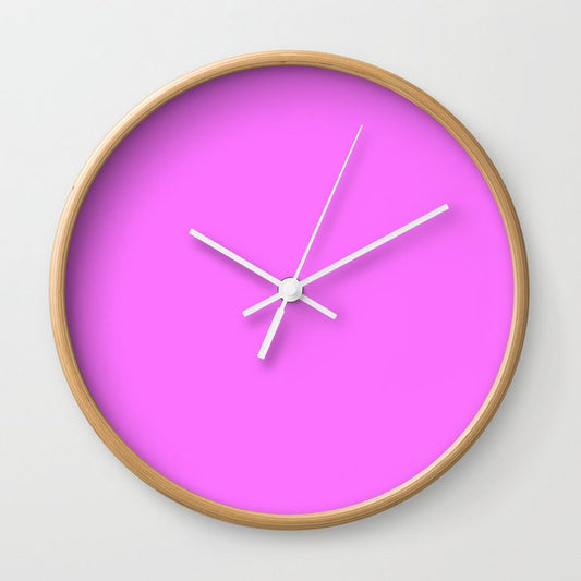 Pink Flamingo Purple Solid Color Popular Hues - Patternless Shades of Pink Collection - Hex FC74FD Wall Clock